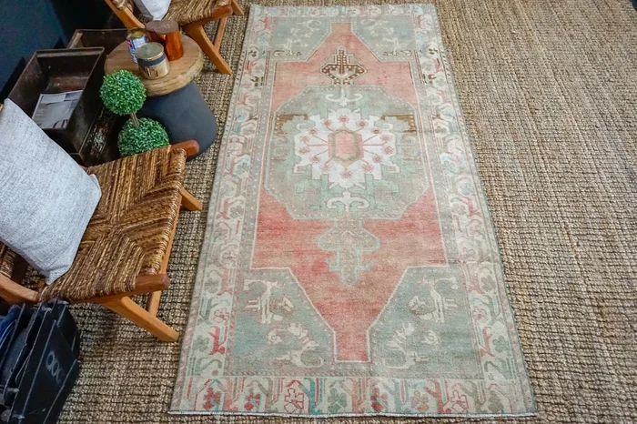 3’10 x 8’4 Vintage Turkish Oushak Carpet Muted Red, Green and Gray ‘3246