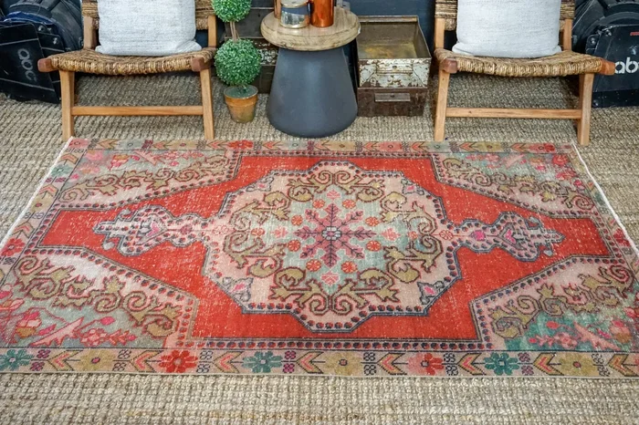 4’3 x 7’ Vintage Turkish Oushak Carpet Muted Deep Red, Pink + Green ‘3483