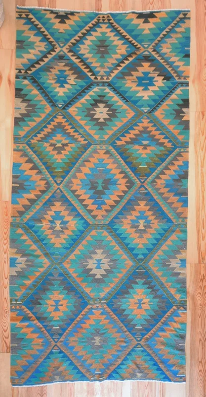 5×11 Vintage Anatolian Turkish Kilim Area Rug | Repeating staggered tribal diamond design vibrant colors | SKU 520