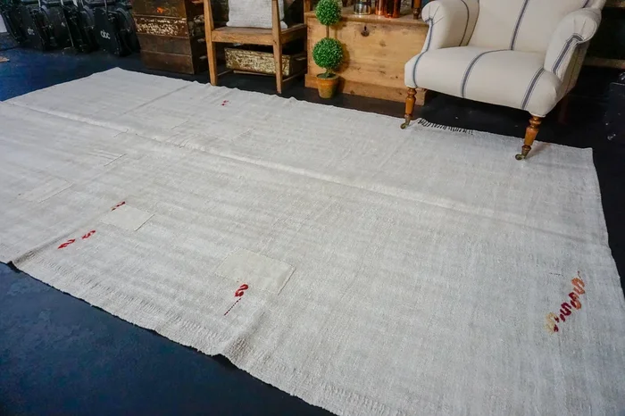 6’1 x 11’3 MCM Organic Hemp Rug Vintage Turkish Kilim Creamy White ‘2604
