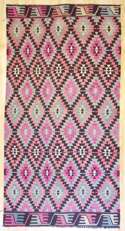 7×12 Vintage Anatolian Turkish Kilim Area Rug | Repeating Staggered Tribal Symbols Allover | SKU 383