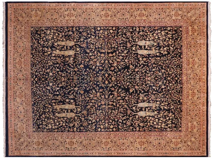 Antique Vegetable Dyed Kashan Blue/Dark Gold Wool Rug – 8’2” x 10’2”