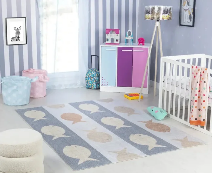 AQUAFIESTA Kids Machine Washable Beige/Grey/Orange Bedroom Rug Multicolour