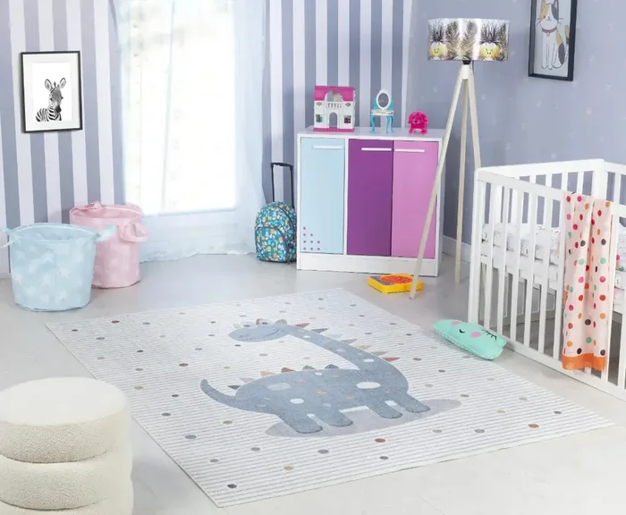 DINO Kids Machine Washable Beige/Grey Bedroom Rug Beige