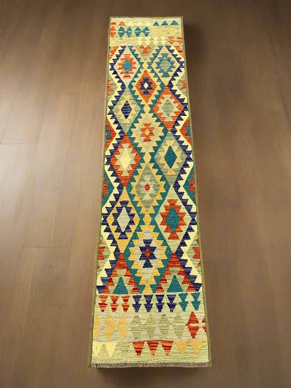 Kilim 2′ 5″ X 10′ Flat Weave Reversible Multicolor Wool Rug # 13419