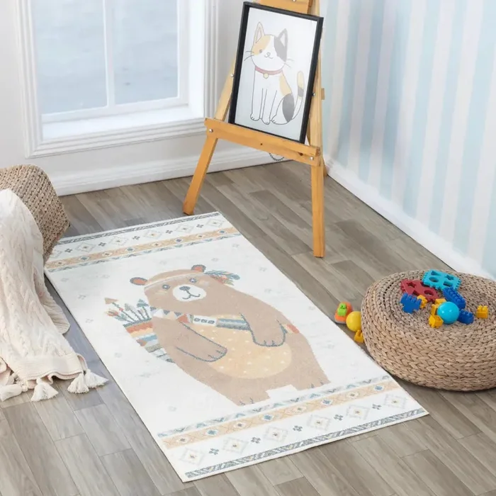 OURSIGENE Kids Machine Washable Beige/Brown Bedroom Rug Beige