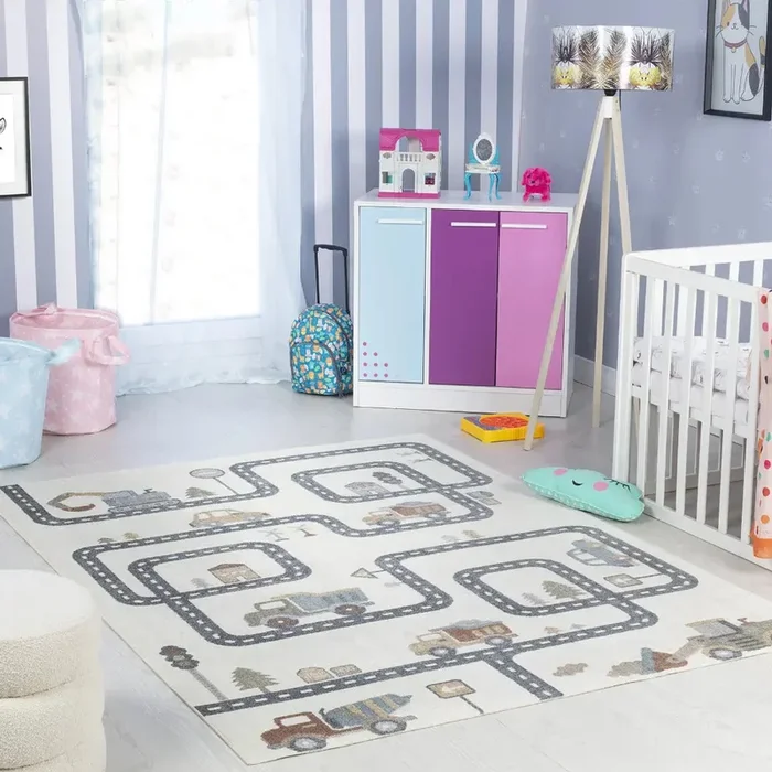 VROOMVILLE Kids Machine Washable Beige/Grey Bedroom Rug Beige